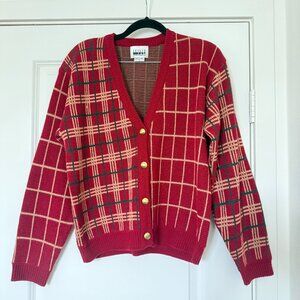 Vintage knit plaid Christmas holiday preppy gift cardigan red grandpa sweater
